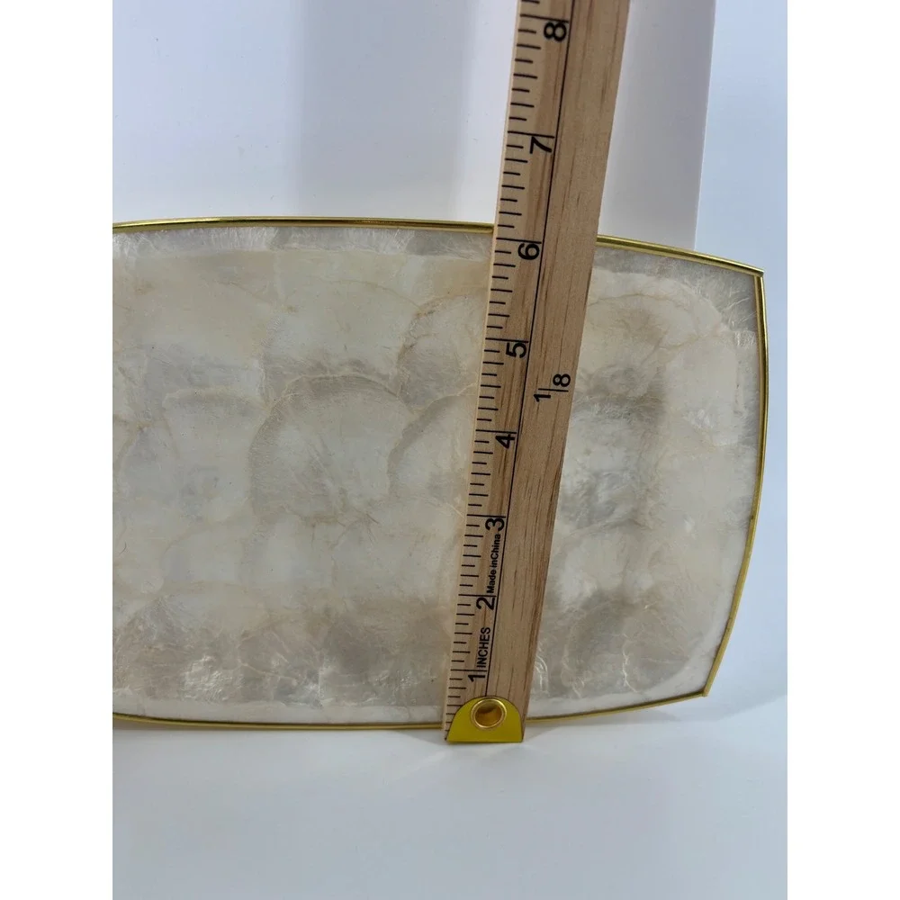 Vintage Capiz Shell Tray Set Gold Rim Iridescent Fruit Embossed 2 Piece